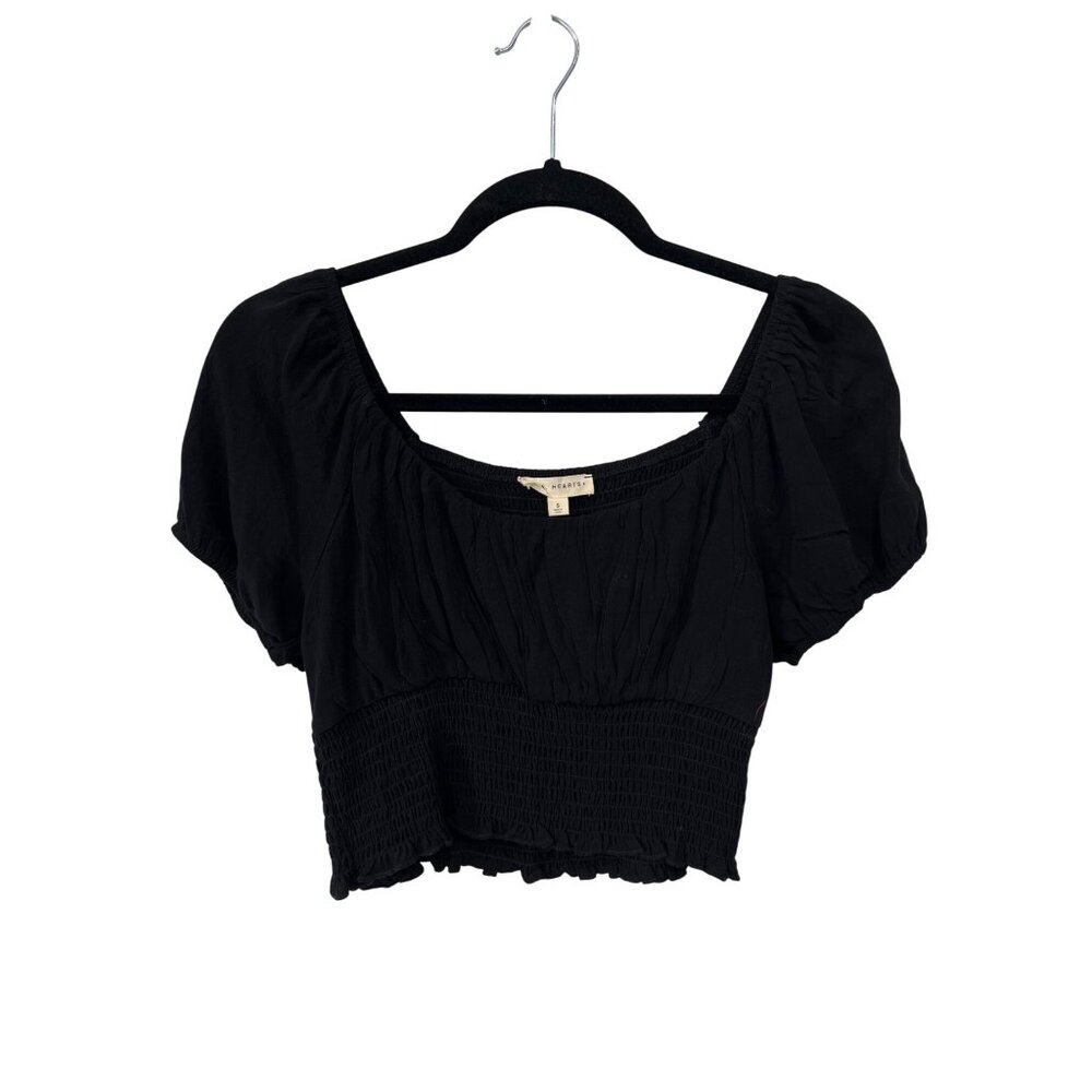 L.A. Hearts Smocked Cropped Top Small Black Lightweight Short Sleeve Stretchy Ra